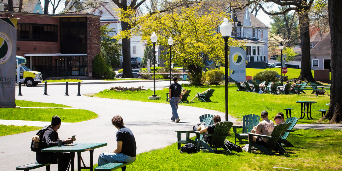 Castle View of Students on Rutherford Campus