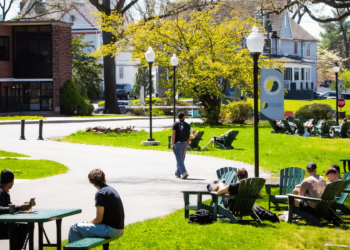 Castle View of Students on Rutherford Campus