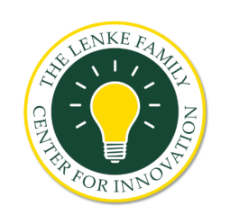 The Lenke Family Center For Innovation Logo. Yellow Light Bulb with Green and Yellow Circle Around It.