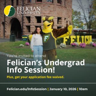 You're invited to attend Felician's Undergraduate Information Session on January 10 at 10am! Come visit our Rutherford campus to learn all about our 60+ career-focused programs and 20 NCAA D2 sports teams, get answers about financial aid, explore our campus, and more. Plus, all attendees get their application fee waived!

Visit Felician.edu/InfoSession to register now!

#Felician #FelicianUniversity #Undergraduate #InfoSession #NJ #collegebound