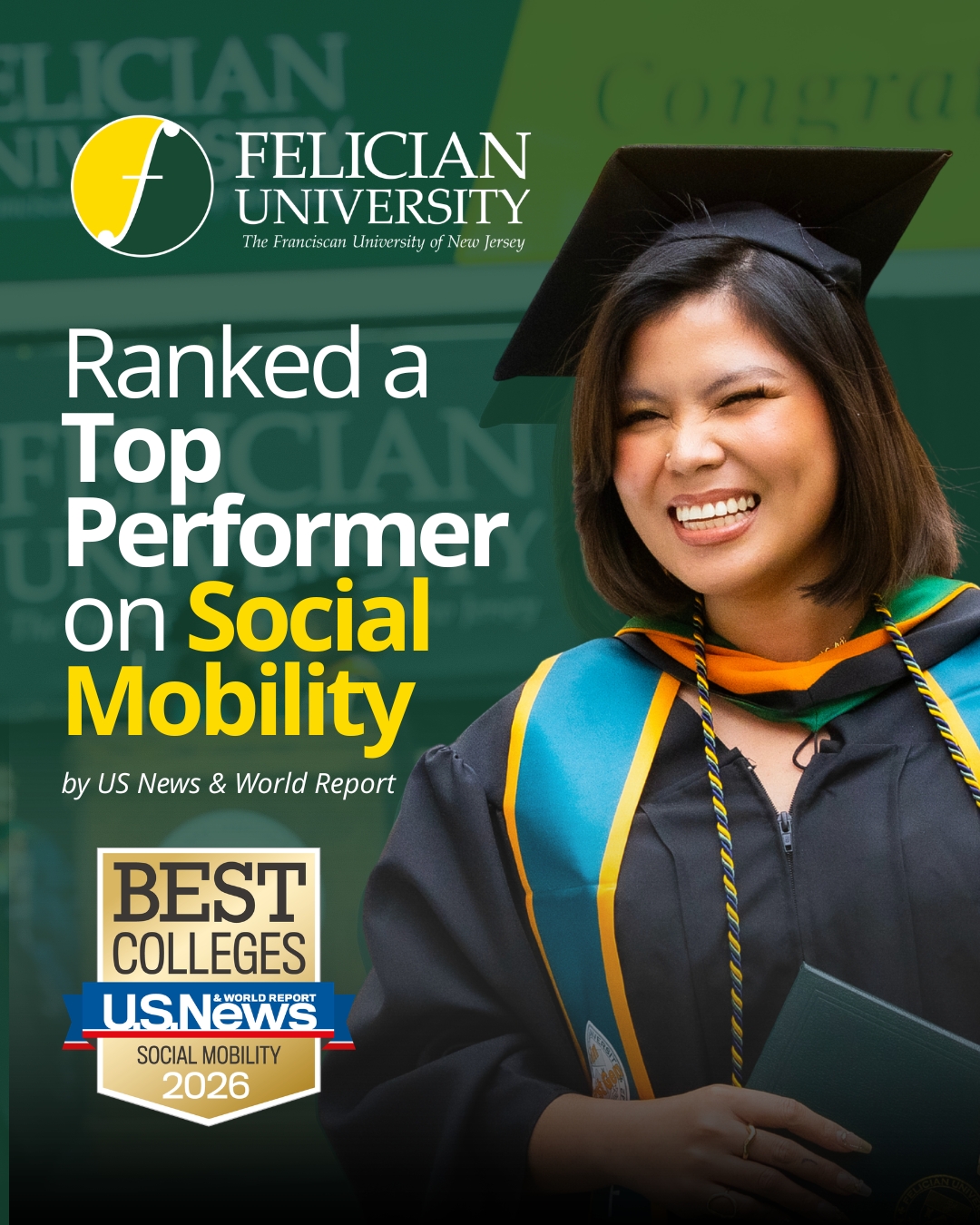 Felician University has been ranked #16 in Top Performers on Social Mobility by U.S. News & World Report! 👏 🦅

Out of regional universities across the North, Felician locked in the #16 spot, highlighting our exceptional performance in advancing opportunities for our students. This recognition reflects Felician University’s commitment to creating an accessible, inclusive, and empowering academic environment. 

At Felician, we empower students from all backgrounds to pursue their goals, discover their potential, and graduate prepared to make a meaningful impact.

___________
#FelicianUniversity #USNews #SocialMobility #HigherEducation #GoldenFalcons #NJColleges