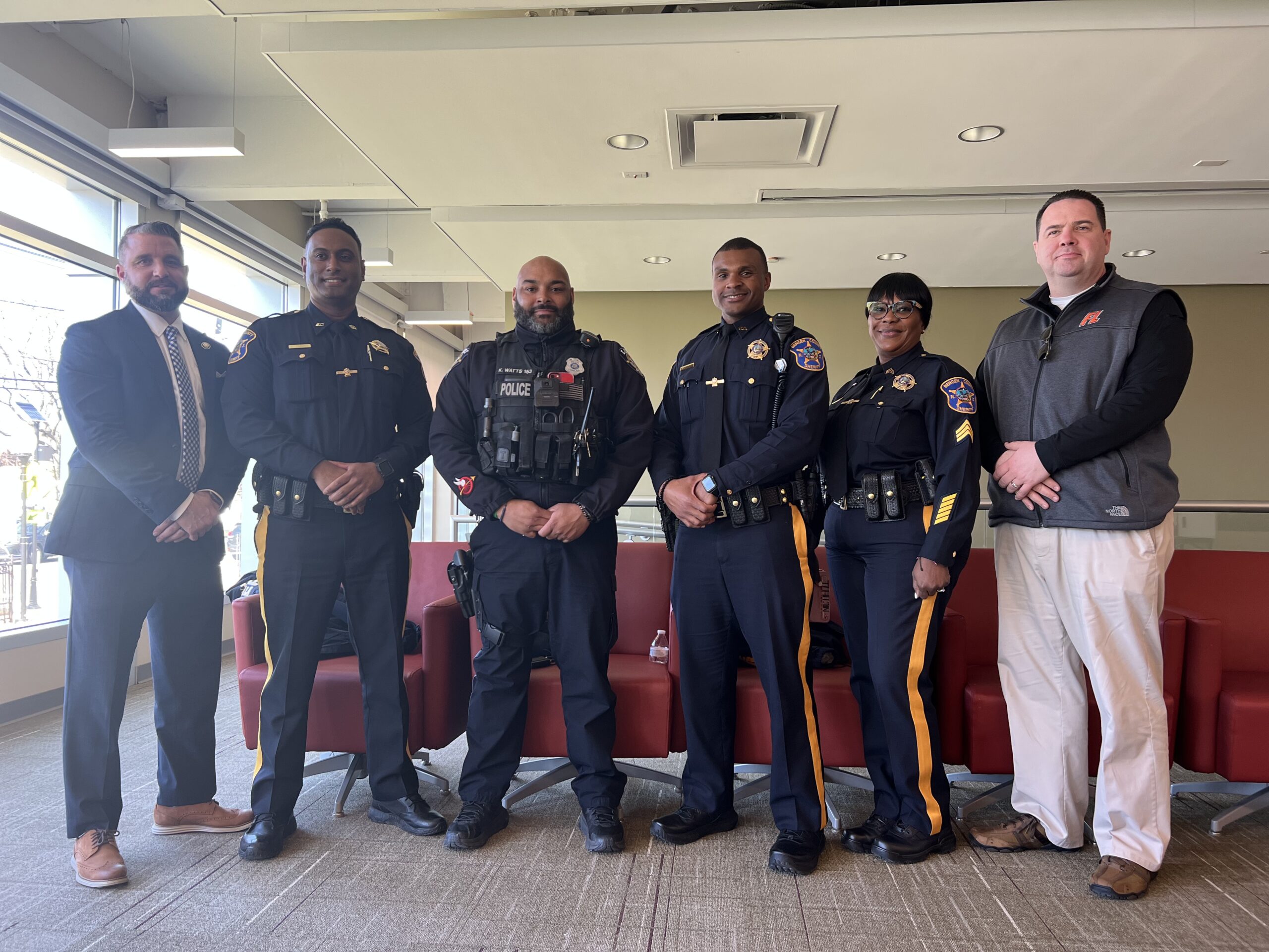 Left to right: Lt. Kelly Krenn (BCPO), Officer Litty Thomas (BCSO), Officer Keith Watts (Lodi PD), Officer Ken Charlenea (BCSO), Sergeant Nichelle Ponder (BCSO), and Captain Ed Young (Fort Lee PD)
