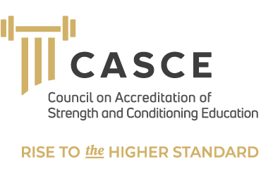 CASCE (council on accreditation of strength and conditioning education) logo saying "rise to the higher standard" with a golden dumbbell